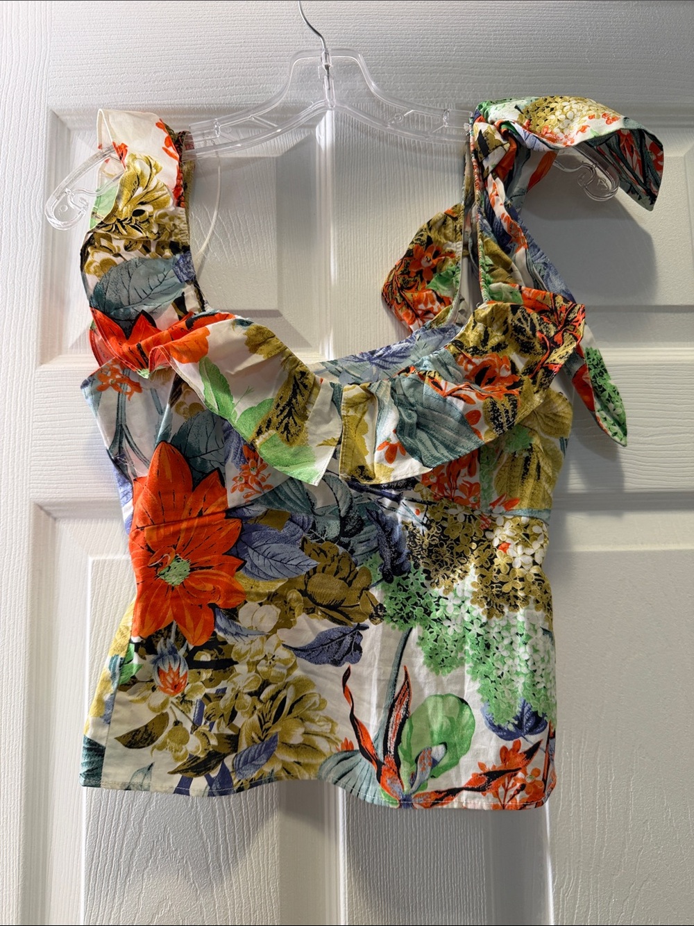 Zara Floral Ruffle Tie-Shoulder Camisole - Orange, Green, Blue, Cream